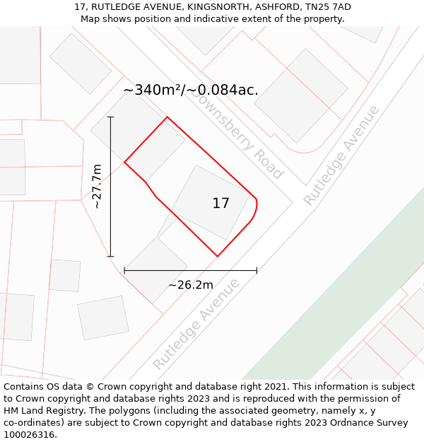 17, RUTLEDGE AVENUE, KINGSNORTH, ASHFORD, TN25 7AD: Plot and title map