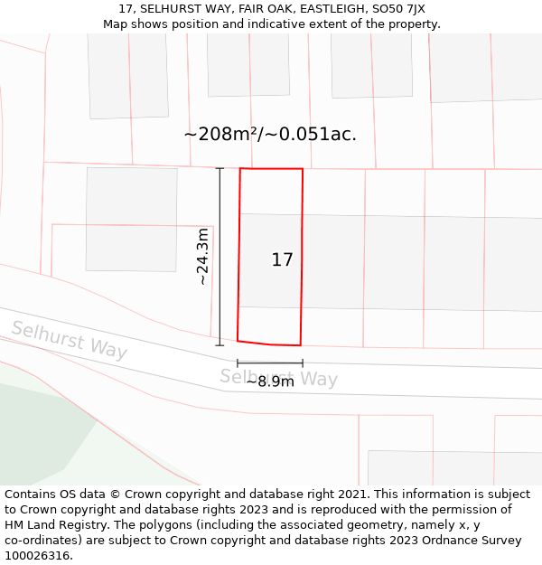 17, SELHURST WAY, FAIR OAK, EASTLEIGH, SO50 7JX: Plot and title map