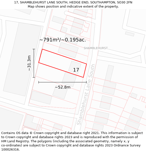 17, SHAMBLEHURST LANE SOUTH, HEDGE END, SOUTHAMPTON, SO30 2FN: Plot and title map