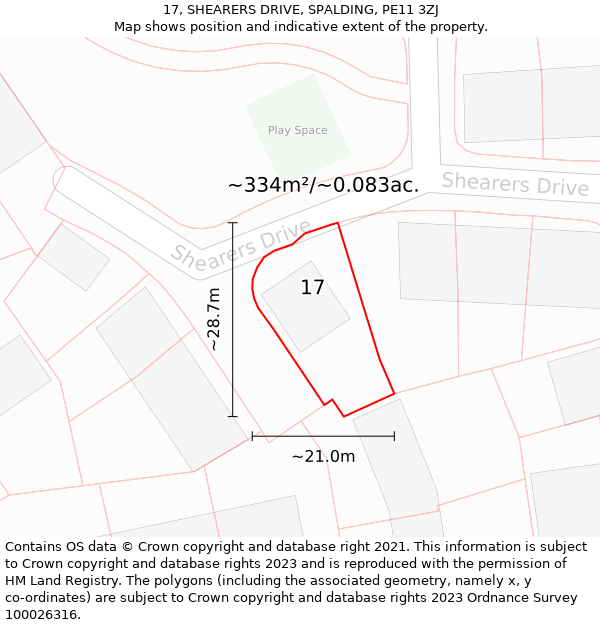 17, SHEARERS DRIVE, SPALDING, PE11 3ZJ: Plot and title map