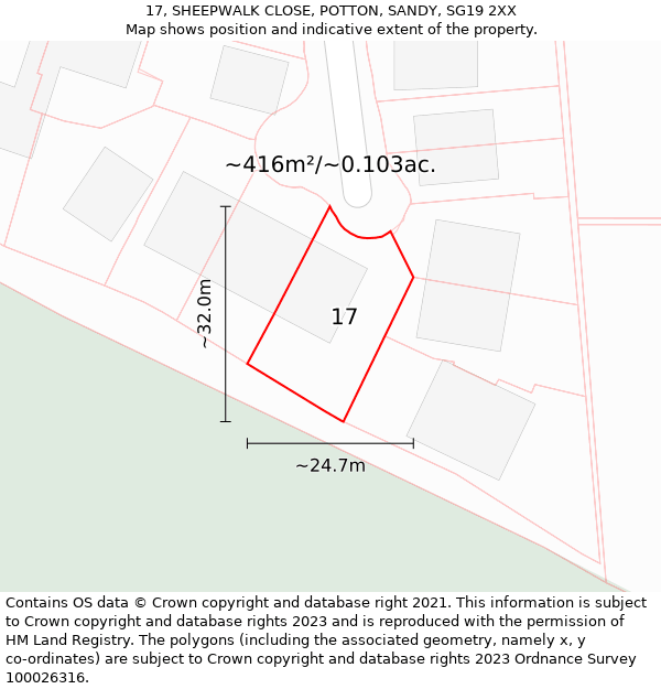 17, SHEEPWALK CLOSE, POTTON, SANDY, SG19 2XX: Plot and title map