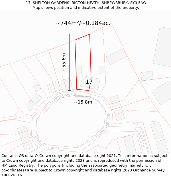 17, SHELTON GARDENS, BICTON HEATH, SHREWSBURY, SY3 5AG: Plot and title map