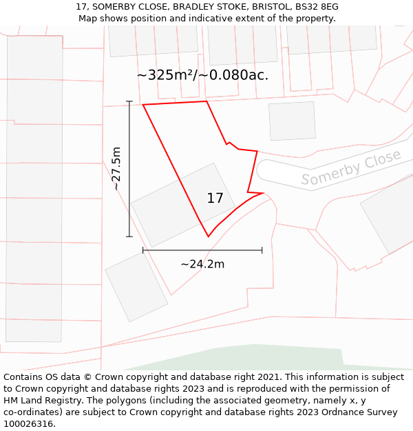 17, SOMERBY CLOSE, BRADLEY STOKE, BRISTOL, BS32 8EG: Plot and title map