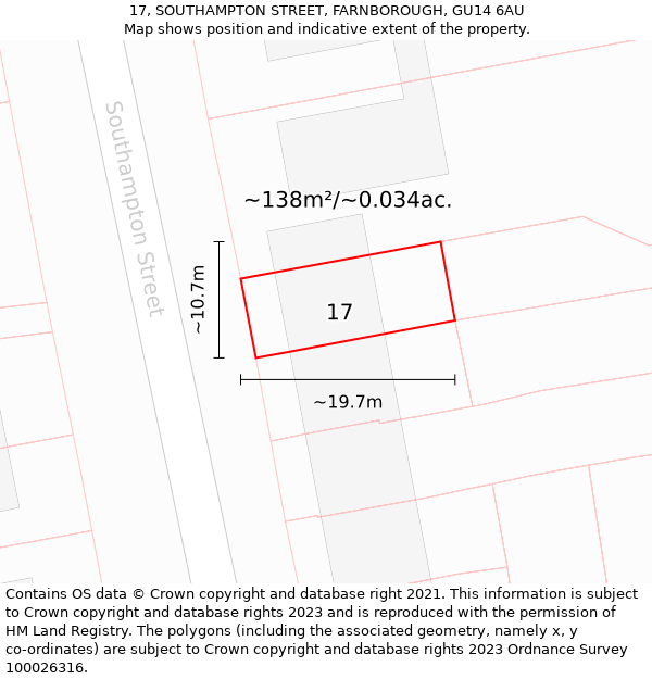 17, SOUTHAMPTON STREET, FARNBOROUGH, GU14 6AU: Plot and title map