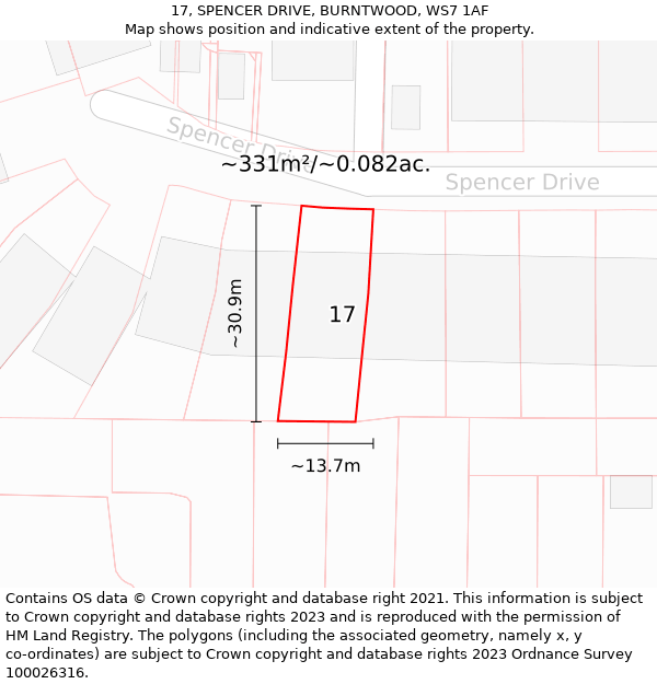 17, SPENCER DRIVE, BURNTWOOD, WS7 1AF: Plot and title map