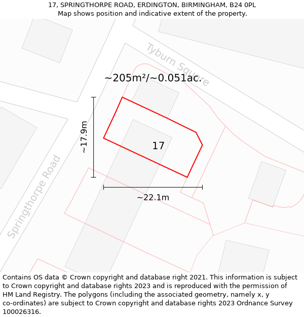 17, SPRINGTHORPE ROAD, ERDINGTON, BIRMINGHAM, B24 0PL: Plot and title map