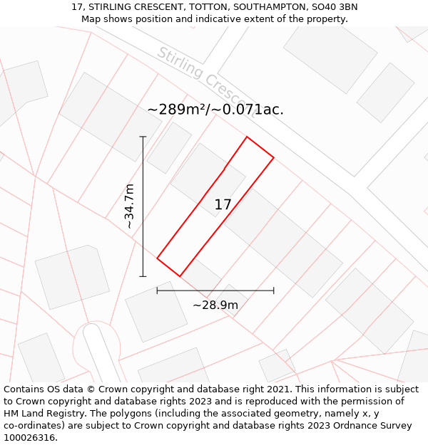 17, STIRLING CRESCENT, TOTTON, SOUTHAMPTON, SO40 3BN: Plot and title map