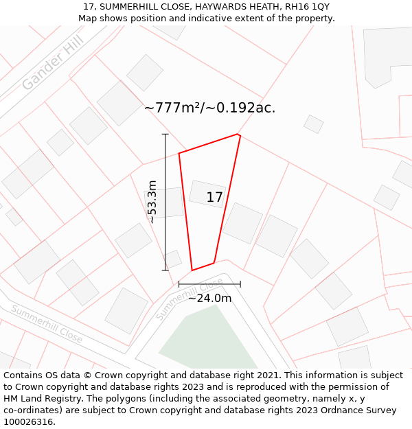 17, SUMMERHILL CLOSE, HAYWARDS HEATH, RH16 1QY: Plot and title map