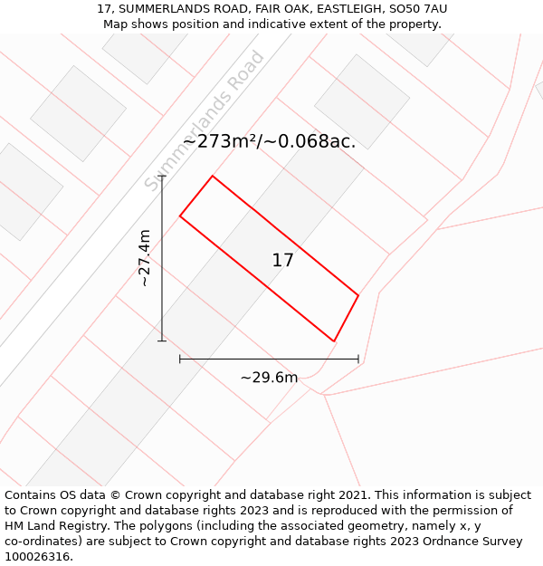 17, SUMMERLANDS ROAD, FAIR OAK, EASTLEIGH, SO50 7AU: Plot and title map