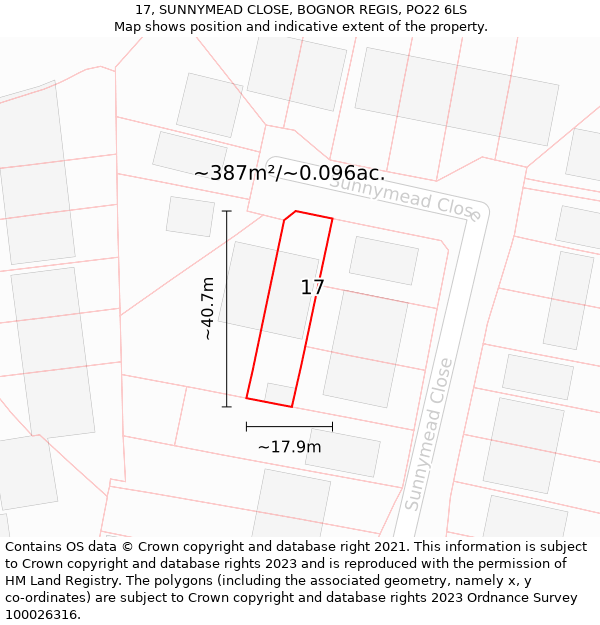 17, SUNNYMEAD CLOSE, BOGNOR REGIS, PO22 6LS: Plot and title map