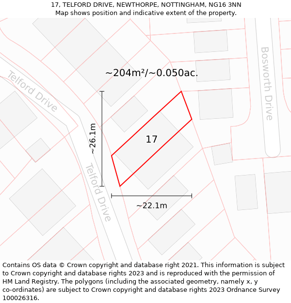 17, TELFORD DRIVE, NEWTHORPE, NOTTINGHAM, NG16 3NN: Plot and title map