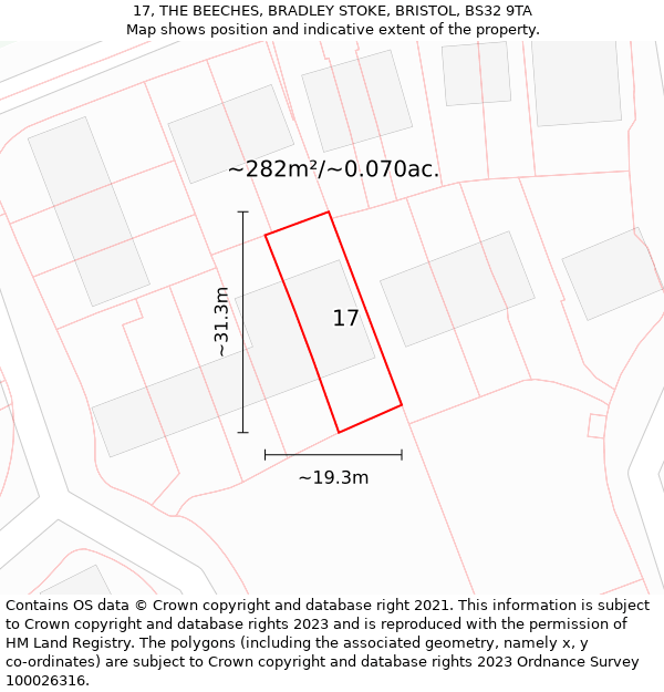 17, THE BEECHES, BRADLEY STOKE, BRISTOL, BS32 9TA: Plot and title map