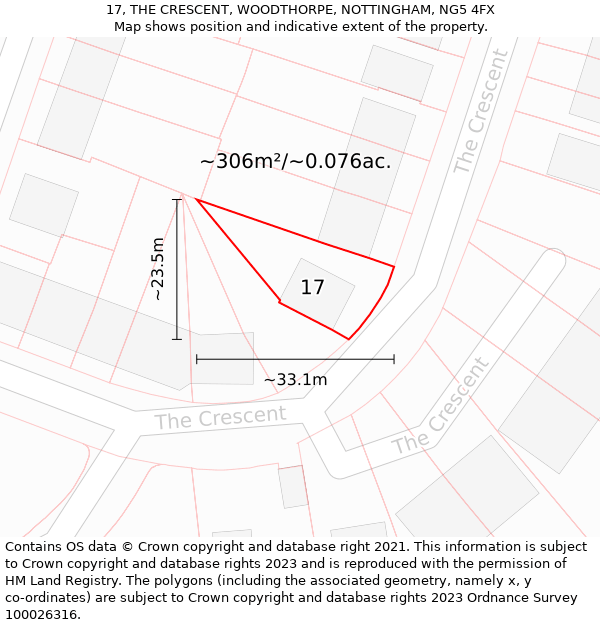 17, THE CRESCENT, WOODTHORPE, NOTTINGHAM, NG5 4FX: Plot and title map