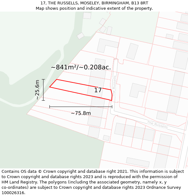 17, THE RUSSELLS, MOSELEY, BIRMINGHAM, B13 8RT: Plot and title map