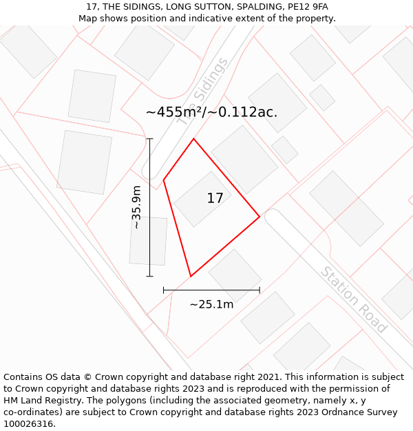 17, THE SIDINGS, LONG SUTTON, SPALDING, PE12 9FA: Plot and title map