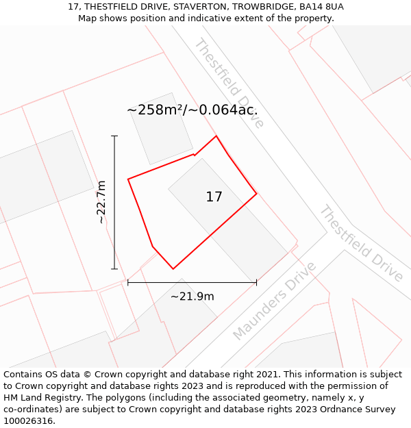 17, THESTFIELD DRIVE, STAVERTON, TROWBRIDGE, BA14 8UA: Plot and title map