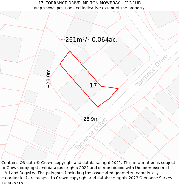 17, TORRANCE DRIVE, MELTON MOWBRAY, LE13 1HR: Plot and title map