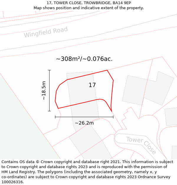 17, TOWER CLOSE, TROWBRIDGE, BA14 9EP: Plot and title map