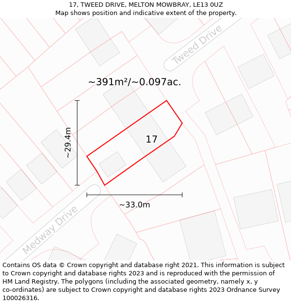 17, TWEED DRIVE, MELTON MOWBRAY, LE13 0UZ: Plot and title map