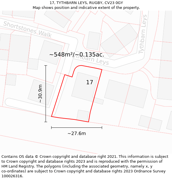 17, TYTHBARN LEYS, RUGBY, CV23 0GY: Plot and title map