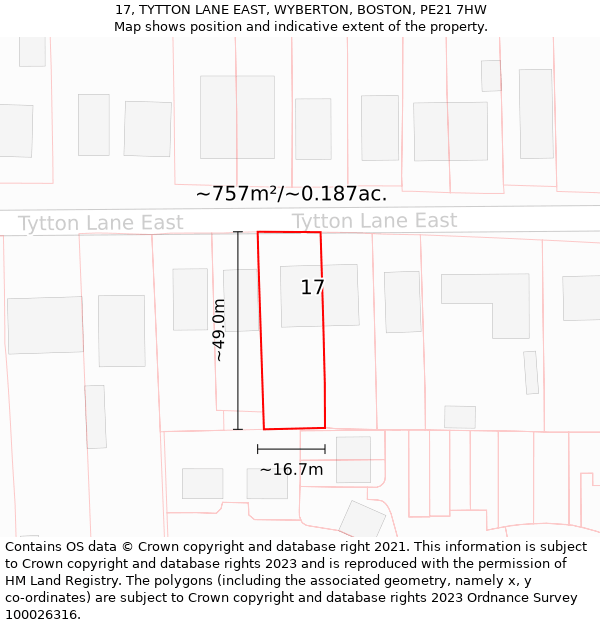 17, TYTTON LANE EAST, WYBERTON, BOSTON, PE21 7HW: Plot and title map