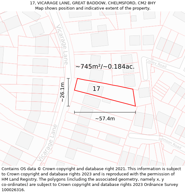 17, VICARAGE LANE, GREAT BADDOW, CHELMSFORD, CM2 8HY: Plot and title map