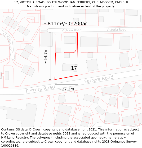 17, VICTORIA ROAD, SOUTH WOODHAM FERRERS, CHELMSFORD, CM3 5LR: Plot and title map