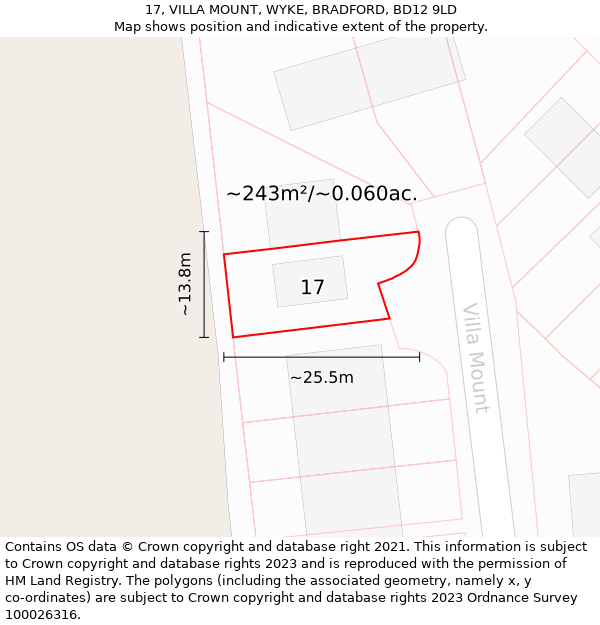 17, VILLA MOUNT, WYKE, BRADFORD, BD12 9LD: Plot and title map