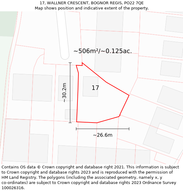 17, WALLNER CRESCENT, BOGNOR REGIS, PO22 7QE: Plot and title map