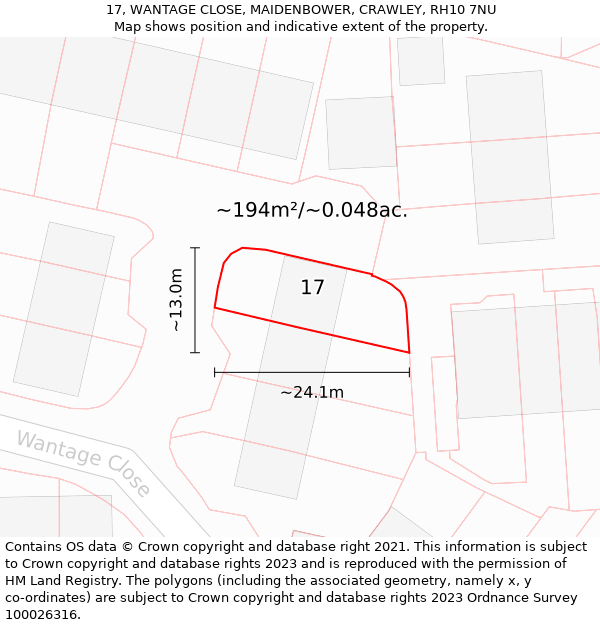 17, WANTAGE CLOSE, MAIDENBOWER, CRAWLEY, RH10 7NU: Plot and title map