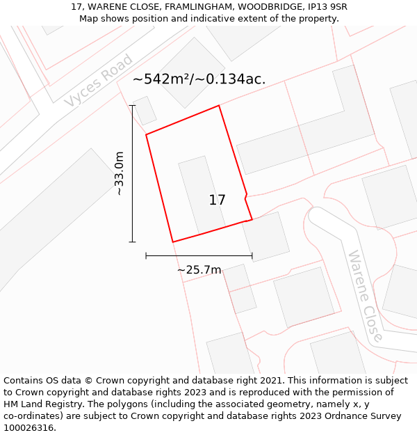 17, WARENE CLOSE, FRAMLINGHAM, WOODBRIDGE, IP13 9SR: Plot and title map