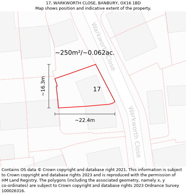 17, WARKWORTH CLOSE, BANBURY, OX16 1BD: Plot and title map