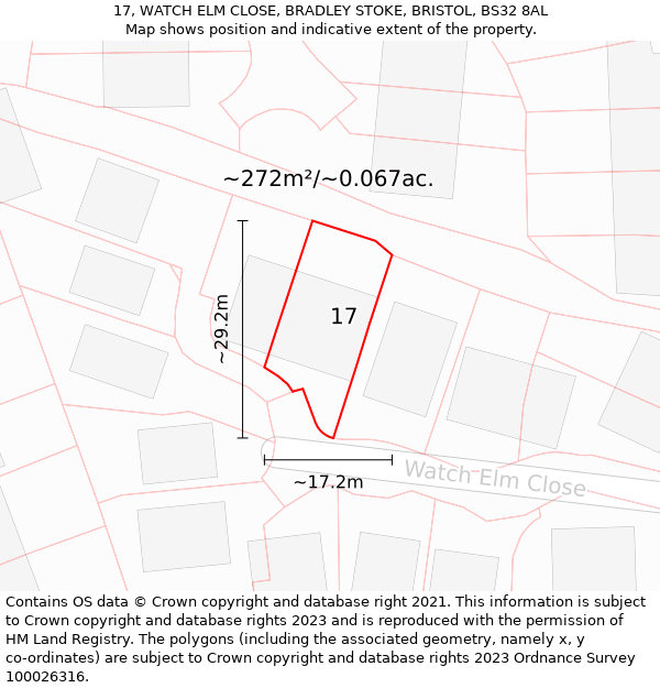 17, WATCH ELM CLOSE, BRADLEY STOKE, BRISTOL, BS32 8AL: Plot and title map