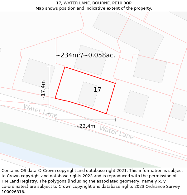 17, WATER LANE, BOURNE, PE10 0QP: Plot and title map