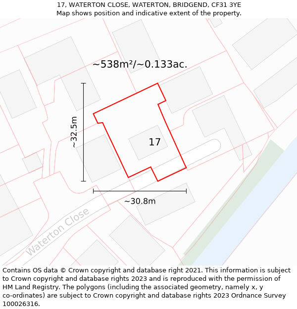 17, WATERTON CLOSE, WATERTON, BRIDGEND, CF31 3YE: Plot and title map