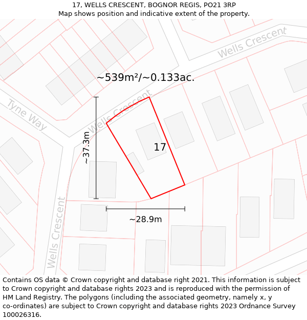 17, WELLS CRESCENT, BOGNOR REGIS, PO21 3RP: Plot and title map