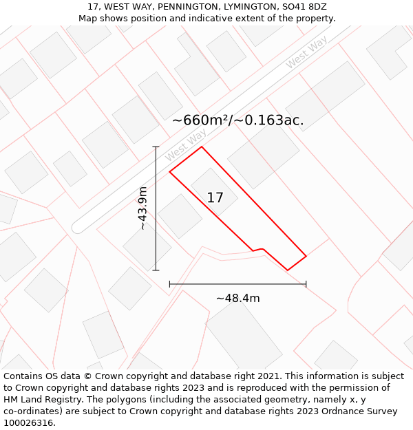 17, WEST WAY, PENNINGTON, LYMINGTON, SO41 8DZ: Plot and title map