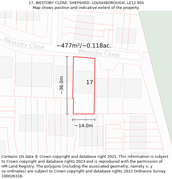17, WESTOBY CLOSE, SHEPSHED, LOUGHBOROUGH, LE12 9SS: Plot and title map