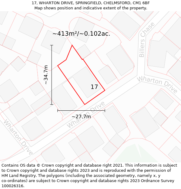 17, WHARTON DRIVE, SPRINGFIELD, CHELMSFORD, CM1 6BF: Plot and title map