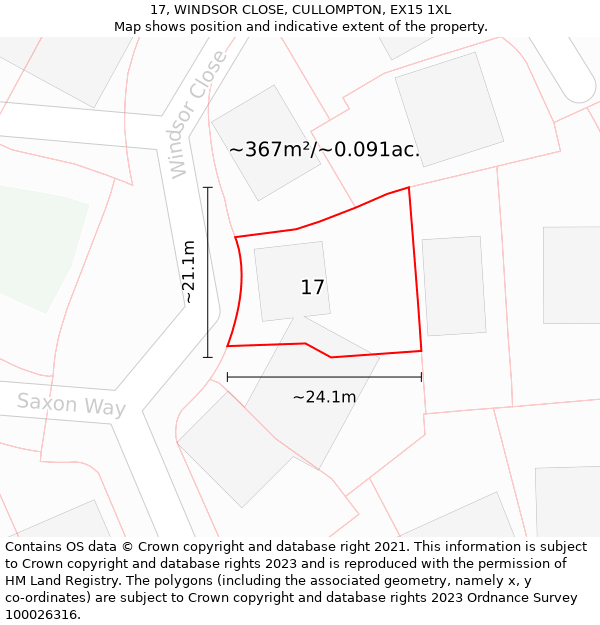 17, WINDSOR CLOSE, CULLOMPTON, EX15 1XL: Plot and title map