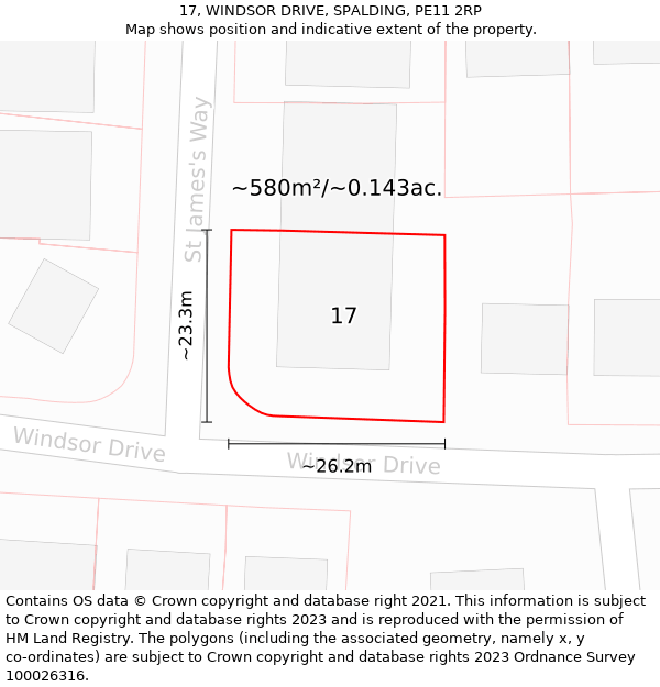 17, WINDSOR DRIVE, SPALDING, PE11 2RP: Plot and title map