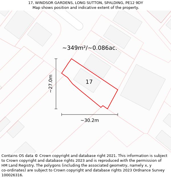 17, WINDSOR GARDENS, LONG SUTTON, SPALDING, PE12 9DY: Plot and title map