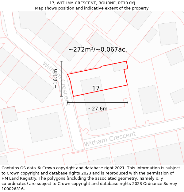 17, WITHAM CRESCENT, BOURNE, PE10 0YJ: Plot and title map