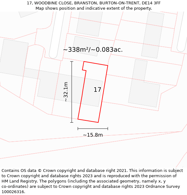 17, WOODBINE CLOSE, BRANSTON, BURTON-ON-TRENT, DE14 3FF: Plot and title map