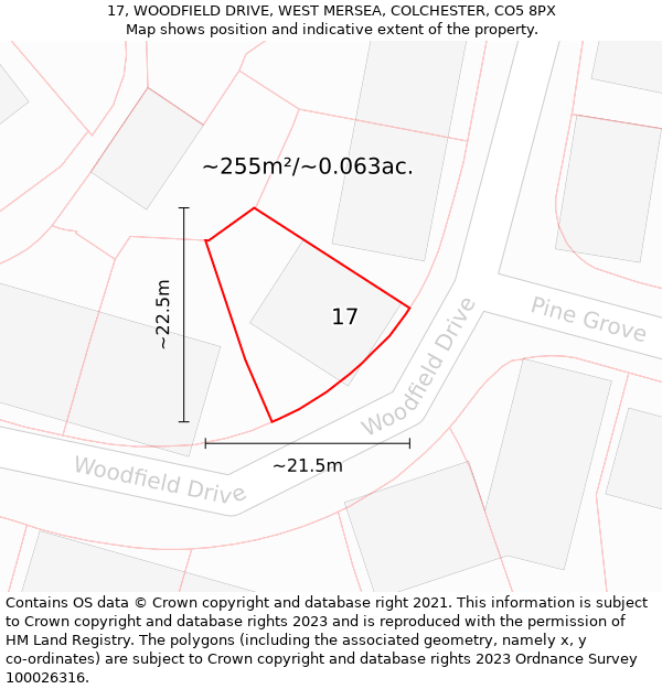17, WOODFIELD DRIVE, WEST MERSEA, COLCHESTER, CO5 8PX: Plot and title map