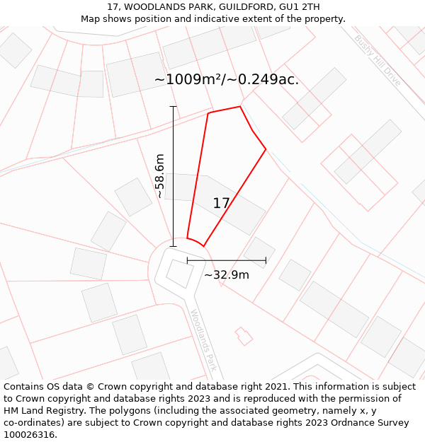 17, WOODLANDS PARK, GUILDFORD, GU1 2TH: Plot and title map