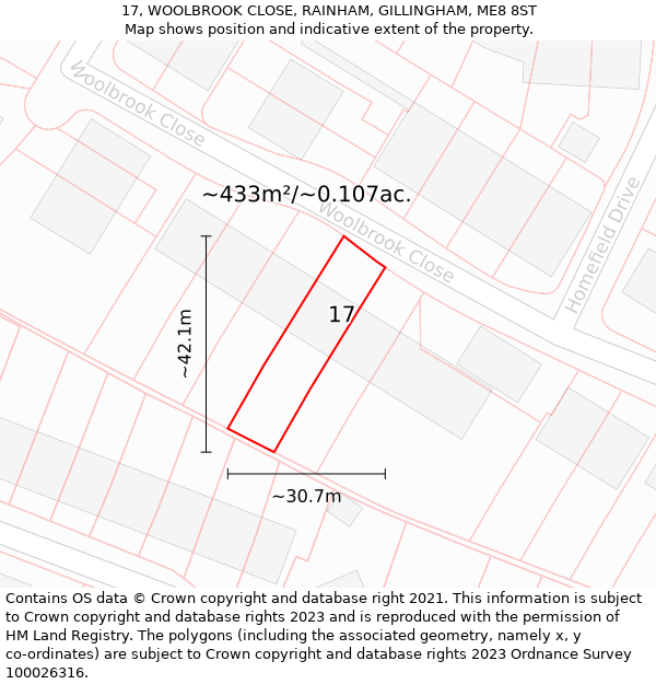 17, WOOLBROOK CLOSE, RAINHAM, GILLINGHAM, ME8 8ST: Plot and title map