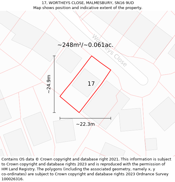 17, WORTHEYS CLOSE, MALMESBURY, SN16 9UD: Plot and title map