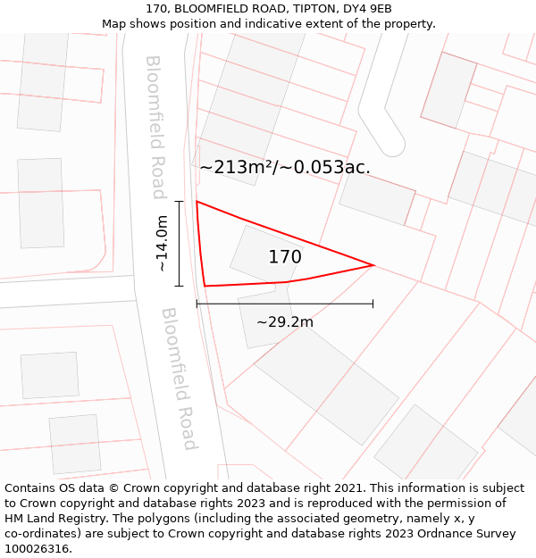 170, BLOOMFIELD ROAD, TIPTON, DY4 9EB: Plot and title map