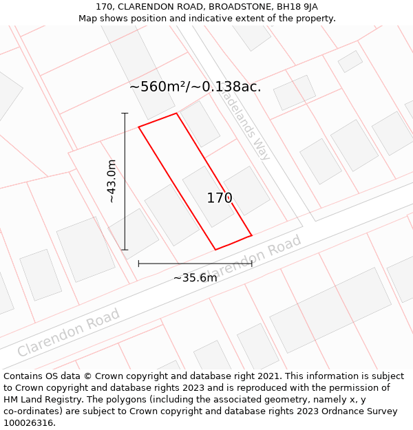 170, CLARENDON ROAD, BROADSTONE, BH18 9JA: Plot and title map